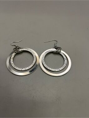 Silver Tone Double Hoop Hammered Statement Earrings | Boho Modern Dangle Drop
